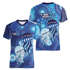 NAIDOC Deadly 50 Years Women V-Neck T-Shirt Jellyfish Aboriginal Culture Inspired Blue