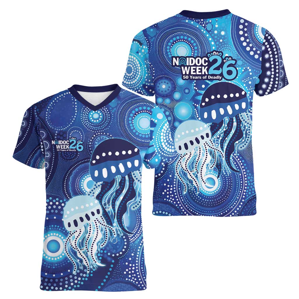 NAIDOC Deadly 50 Years Women V-Neck T-Shirt Jellyfish Aboriginal Culture Inspired Blue