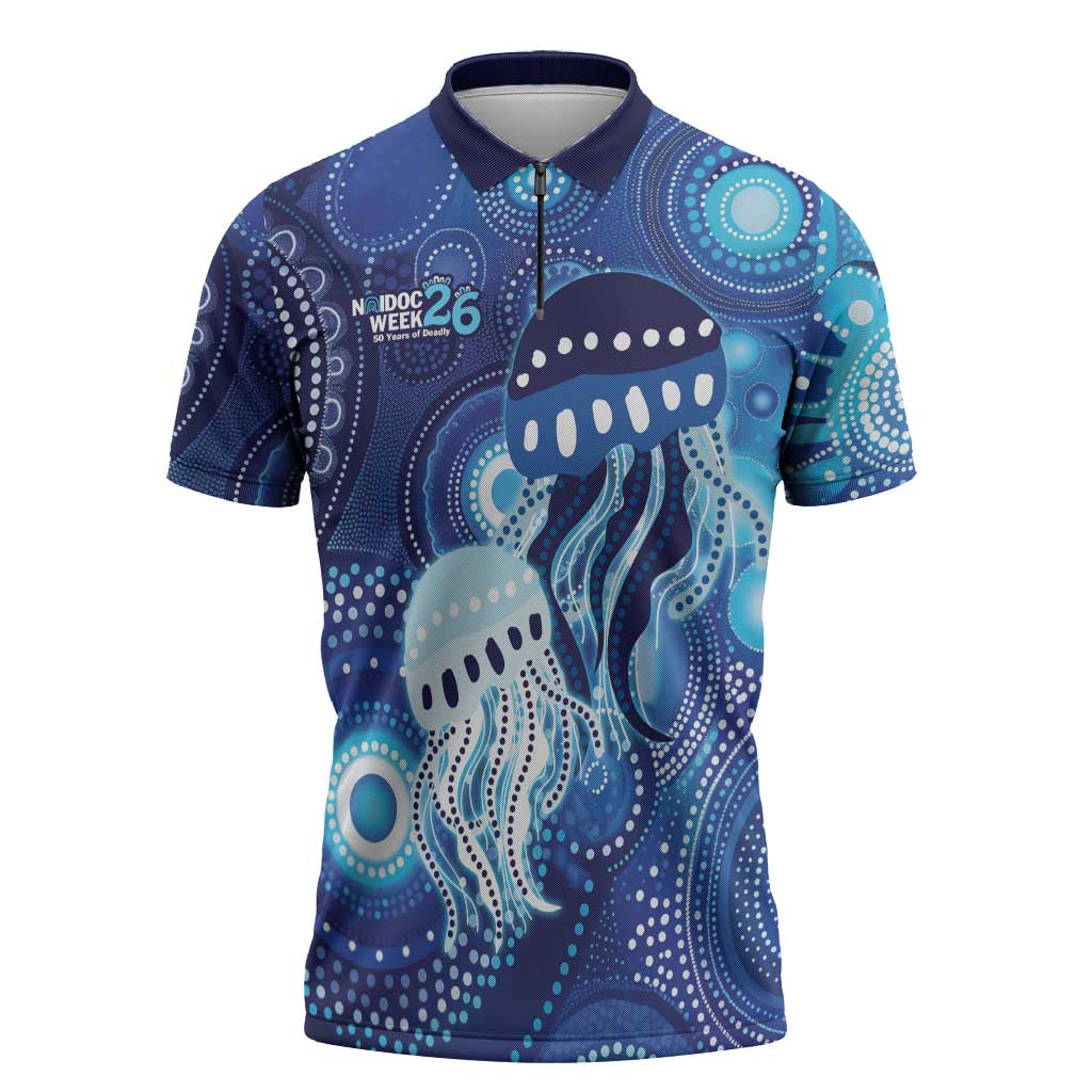 NAIDOC Deadly 50 Years Zipper Polo Shirt Jellyfish Aboriginal Culture Inspired Blue