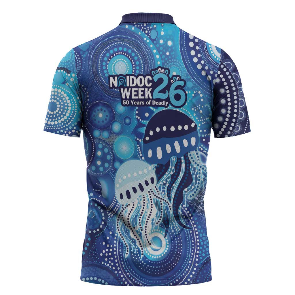 NAIDOC Deadly 50 Years Zipper Polo Shirt Jellyfish Aboriginal Culture Inspired Blue