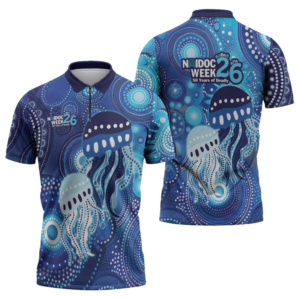 NAIDOC Deadly 50 Years Zipper Polo Shirt Jellyfish Aboriginal Culture Inspired Blue