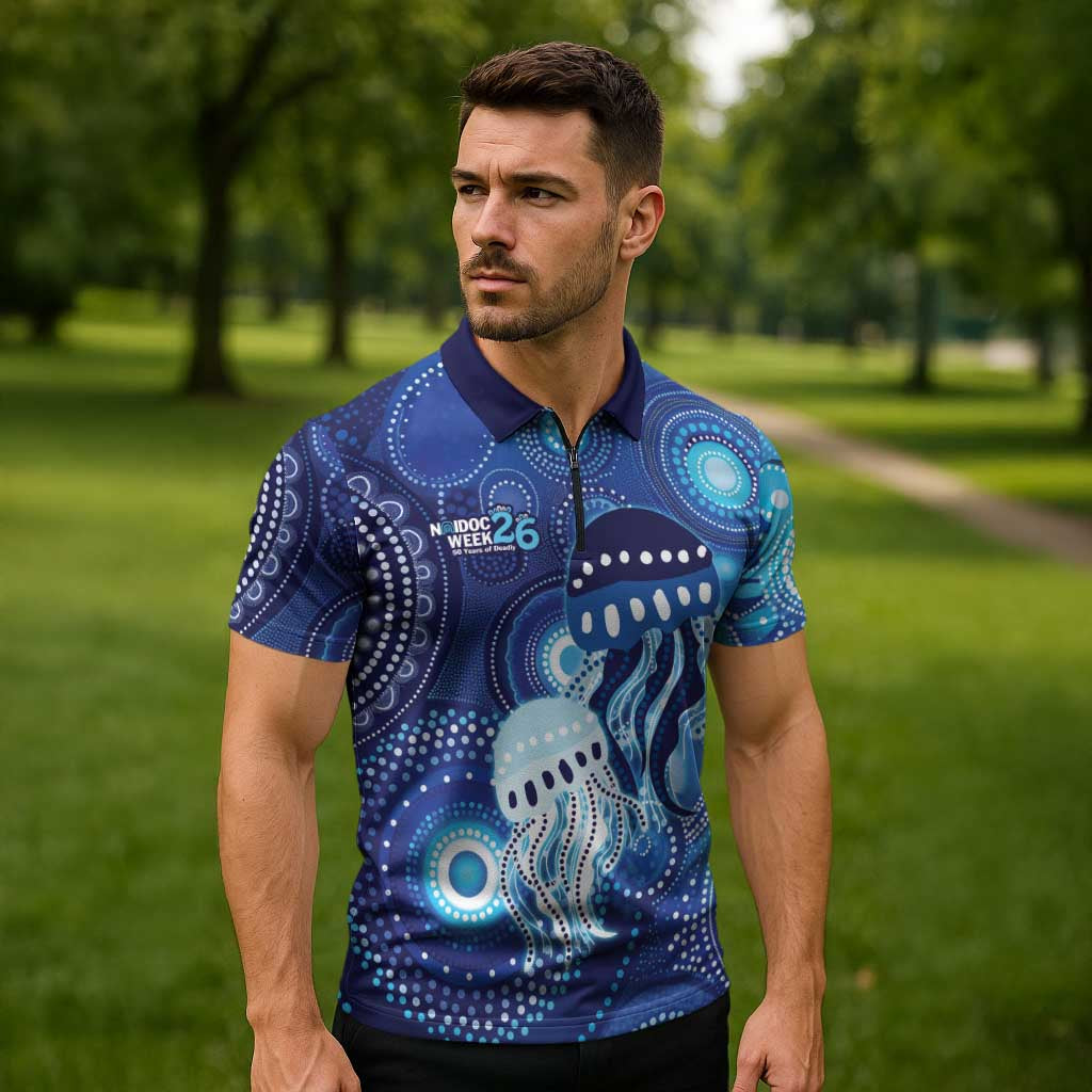 NAIDOC Deadly 50 Years Zipper Polo Shirt Jellyfish Aboriginal Culture Inspired Blue