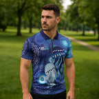 NAIDOC Deadly 50 Years Zipper Polo Shirt Jellyfish Aboriginal Culture Inspired Blue