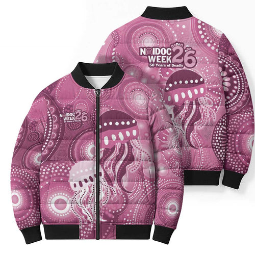 NAIDOC Deadly 50 Years Bomber Puffer Jacket Jellyfish Aboriginal Culture Inspired Pink
