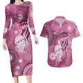 NAIDOC Deadly 50 Years Couples Matching Long Sleeve Bodycon Dress and Hawaiian Shirt Jellyfish Aboriginal Culture Inspired Pink