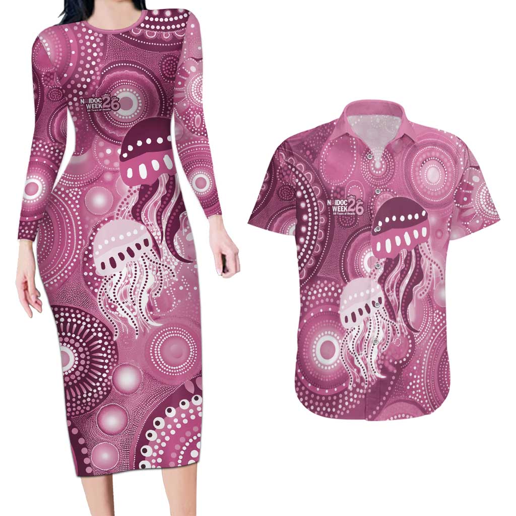 NAIDOC Deadly 50 Years Couples Matching Long Sleeve Bodycon Dress and Hawaiian Shirt Jellyfish Aboriginal Culture Inspired Pink