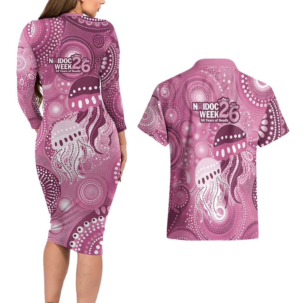 NAIDOC Deadly 50 Years Couples Matching Long Sleeve Bodycon Dress and Hawaiian Shirt Jellyfish Aboriginal Culture Inspired Pink