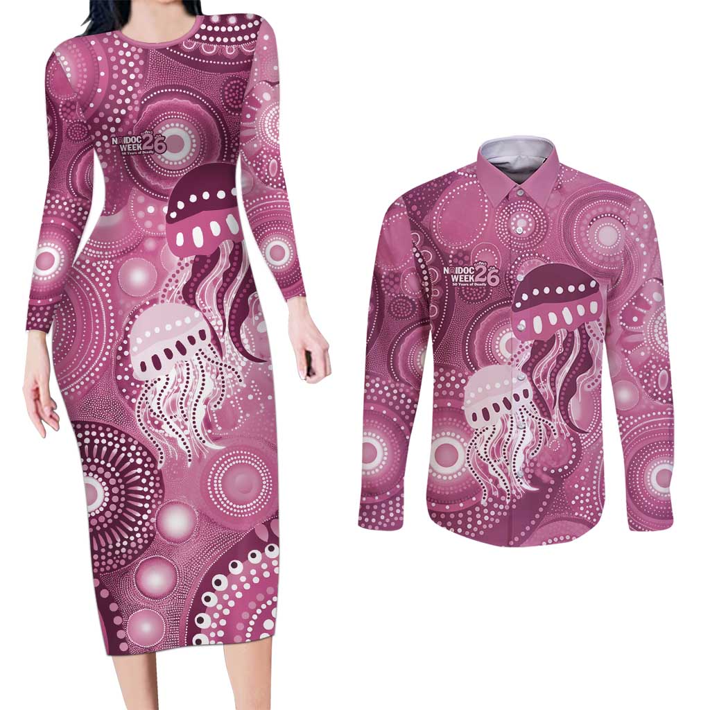 NAIDOC Deadly 50 Years Couples Matching Long Sleeve Bodycon Dress and Long Sleeve Button Shirt Jellyfish Aboriginal Culture Inspired Pink