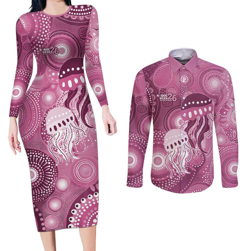 NAIDOC Deadly 50 Years Couples Matching Long Sleeve Bodycon Dress and Long Sleeve Button Shirt Jellyfish Aboriginal Culture Inspired Pink