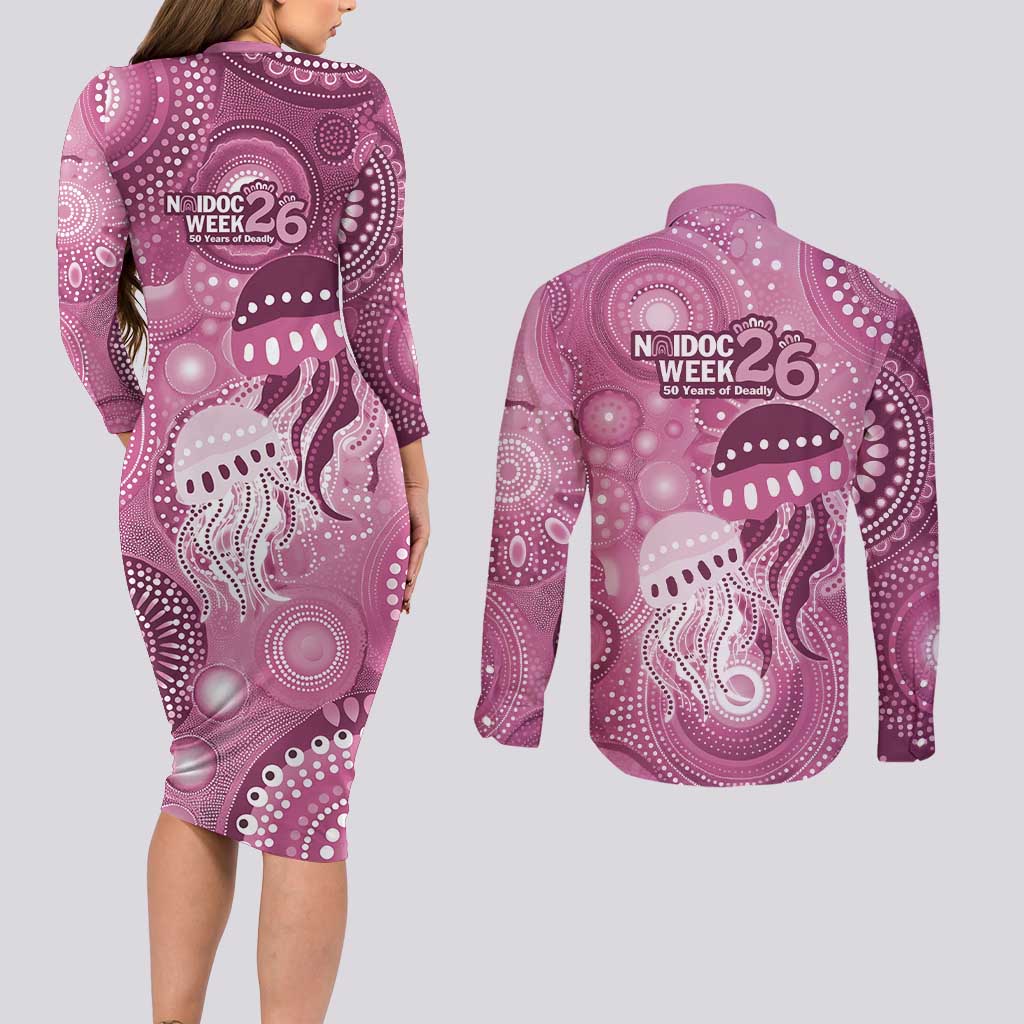 NAIDOC Deadly 50 Years Couples Matching Long Sleeve Bodycon Dress and Long Sleeve Button Shirt Jellyfish Aboriginal Culture Inspired Pink