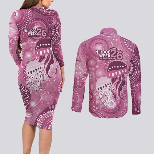NAIDOC Deadly 50 Years Couples Matching Long Sleeve Bodycon Dress and Long Sleeve Button Shirt Jellyfish Aboriginal Culture Inspired Pink