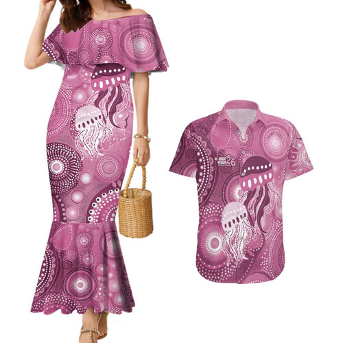NAIDOC Deadly 50 Years Couples Matching Mermaid Dress and Hawaiian Shirt Jellyfish Aboriginal Culture Inspired Pink