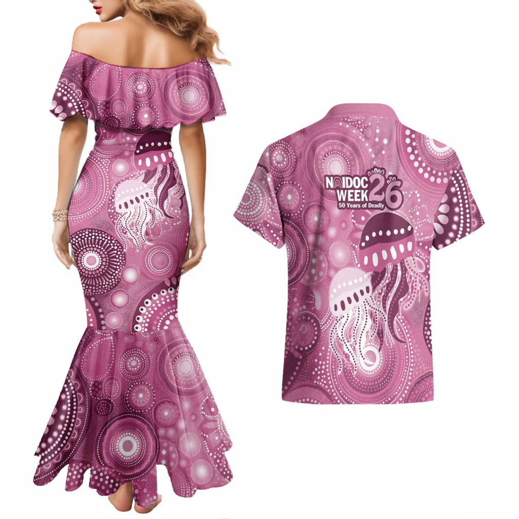 NAIDOC Deadly 50 Years Couples Matching Mermaid Dress and Hawaiian Shirt Jellyfish Aboriginal Culture Inspired Pink