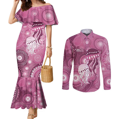 NAIDOC Deadly 50 Years Couples Matching Mermaid Dress and Long Sleeve Button Shirt Jellyfish Aboriginal Culture Inspired Pink