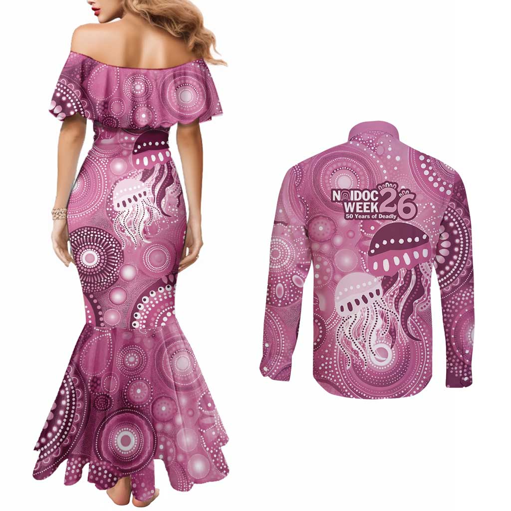 NAIDOC Deadly 50 Years Couples Matching Mermaid Dress and Long Sleeve Button Shirt Jellyfish Aboriginal Culture Inspired Pink