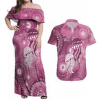 NAIDOC Deadly 50 Years Couples Matching Off Shoulder Maxi Dress and Hawaiian Shirt Jellyfish Aboriginal Culture Inspired Pink