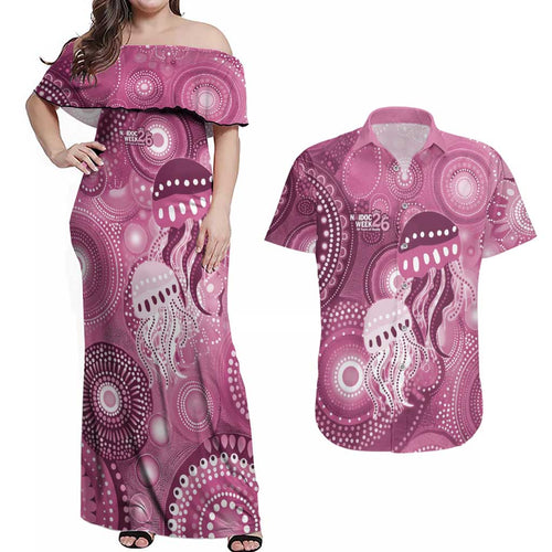 NAIDOC Deadly 50 Years Couples Matching Off Shoulder Maxi Dress and Hawaiian Shirt Jellyfish Aboriginal Culture Inspired Pink