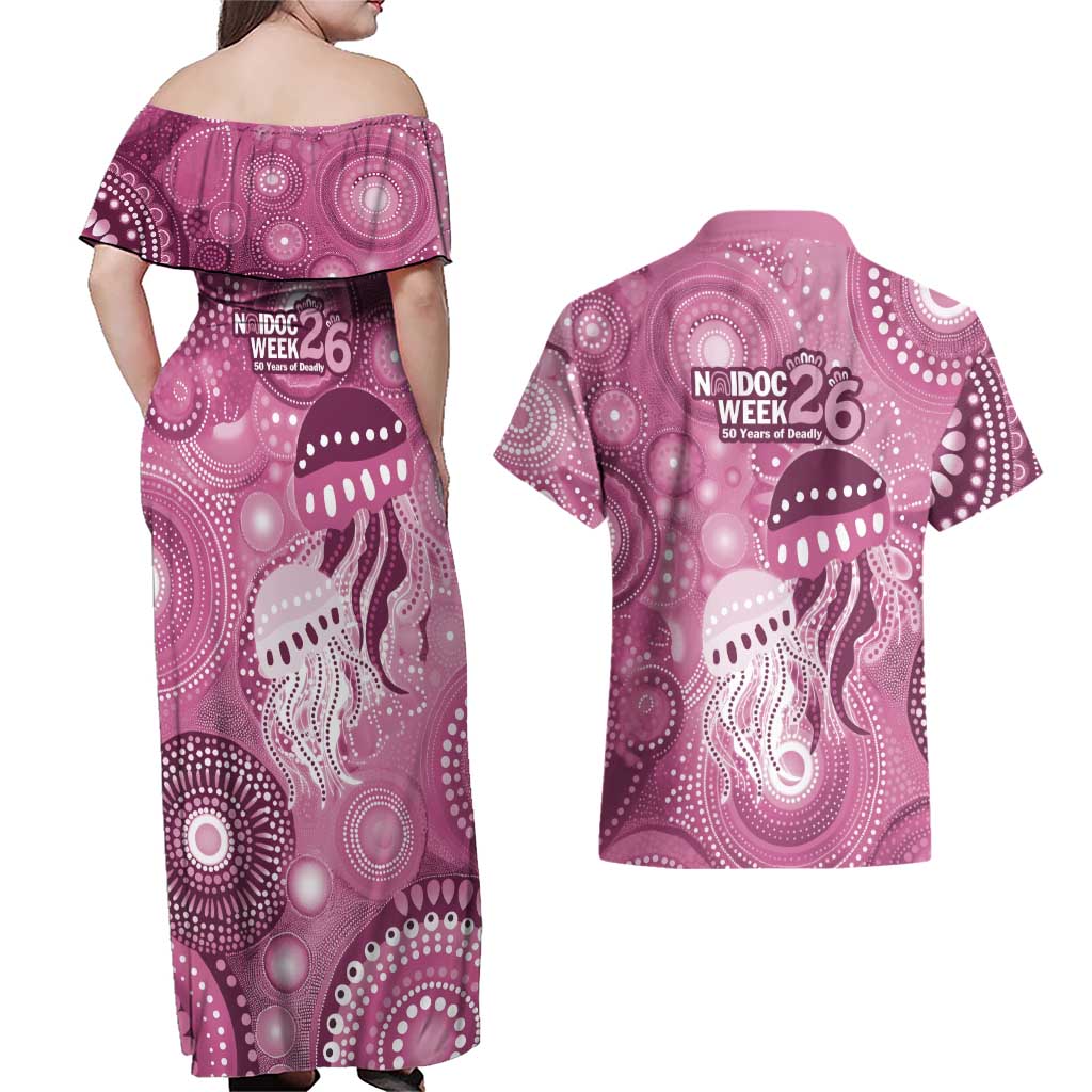 NAIDOC Deadly 50 Years Couples Matching Off Shoulder Maxi Dress and Hawaiian Shirt Jellyfish Aboriginal Culture Inspired Pink