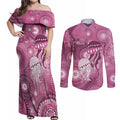NAIDOC Deadly 50 Years Couples Matching Off Shoulder Maxi Dress and Long Sleeve Button Shirt Jellyfish Aboriginal Culture Inspired Pink