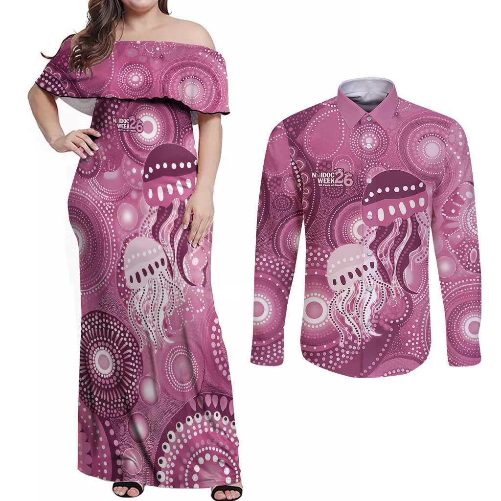 NAIDOC Deadly 50 Years Couples Matching Off Shoulder Maxi Dress and Long Sleeve Button Shirt Jellyfish Aboriginal Culture Inspired Pink