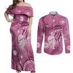 NAIDOC Deadly 50 Years Couples Matching Off Shoulder Maxi Dress and Long Sleeve Button Shirt Jellyfish Aboriginal Culture Inspired Pink