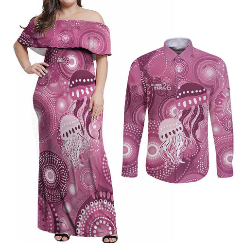 NAIDOC Deadly 50 Years Couples Matching Off Shoulder Maxi Dress and Long Sleeve Button Shirt Jellyfish Aboriginal Culture Inspired Pink