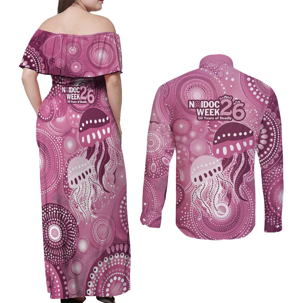 NAIDOC Deadly 50 Years Couples Matching Off Shoulder Maxi Dress and Long Sleeve Button Shirt Jellyfish Aboriginal Culture Inspired Pink