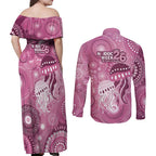 NAIDOC Deadly 50 Years Couples Matching Off Shoulder Maxi Dress and Long Sleeve Button Shirt Jellyfish Aboriginal Culture Inspired Pink