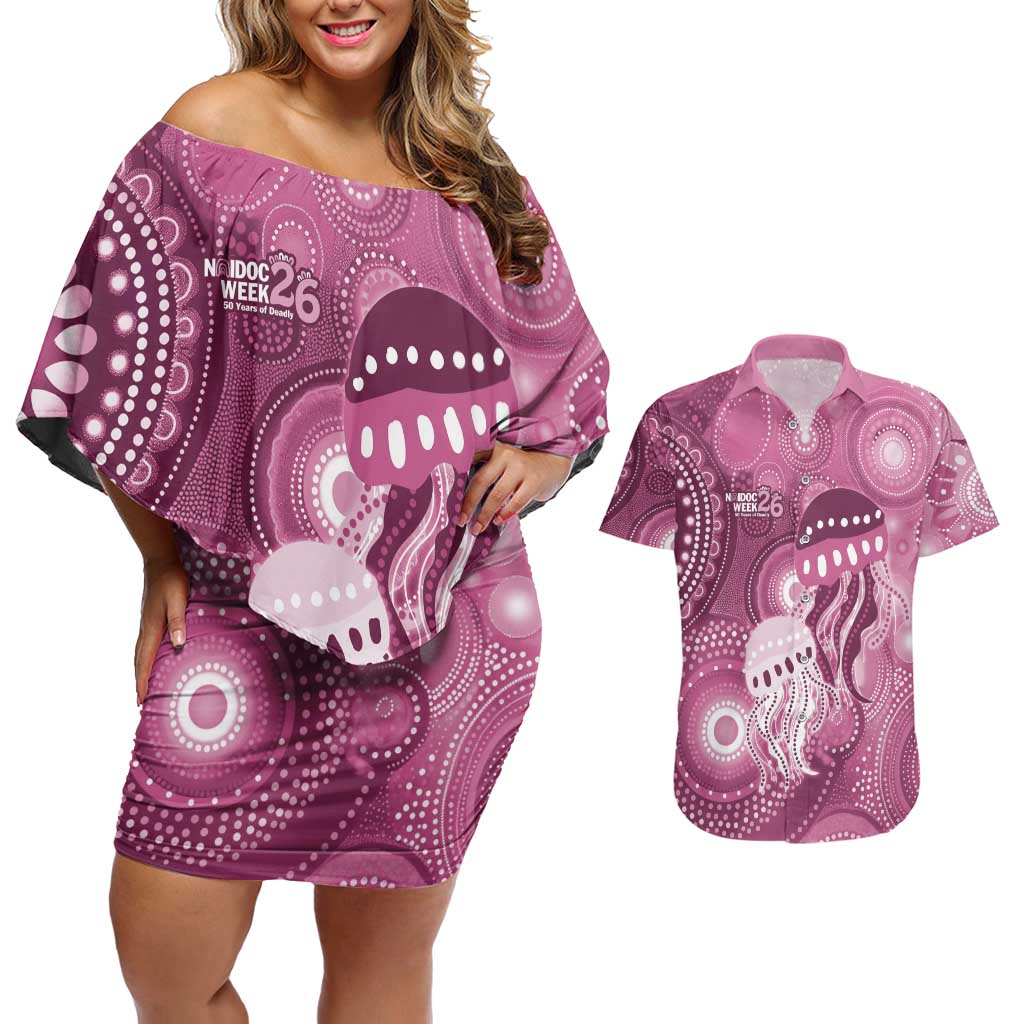 NAIDOC Deadly 50 Years Couples Matching Off Shoulder Short Dress and Hawaiian Shirt Jellyfish Aboriginal Culture Inspired Pink