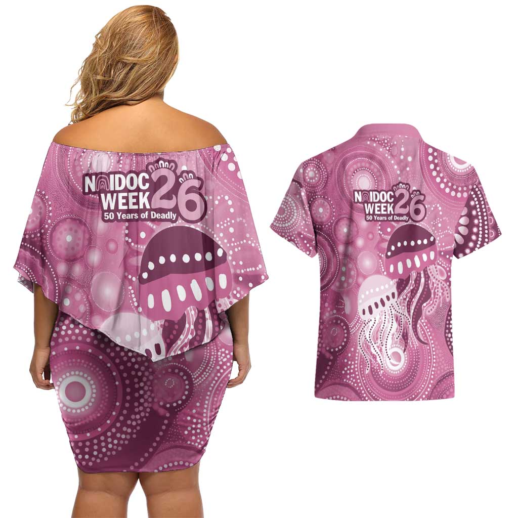 NAIDOC Deadly 50 Years Couples Matching Off Shoulder Short Dress and Hawaiian Shirt Jellyfish Aboriginal Culture Inspired Pink