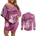 NAIDOC Deadly 50 Years Couples Matching Off Shoulder Short Dress and Long Sleeve Button Shirt Jellyfish Aboriginal Culture Inspired Pink