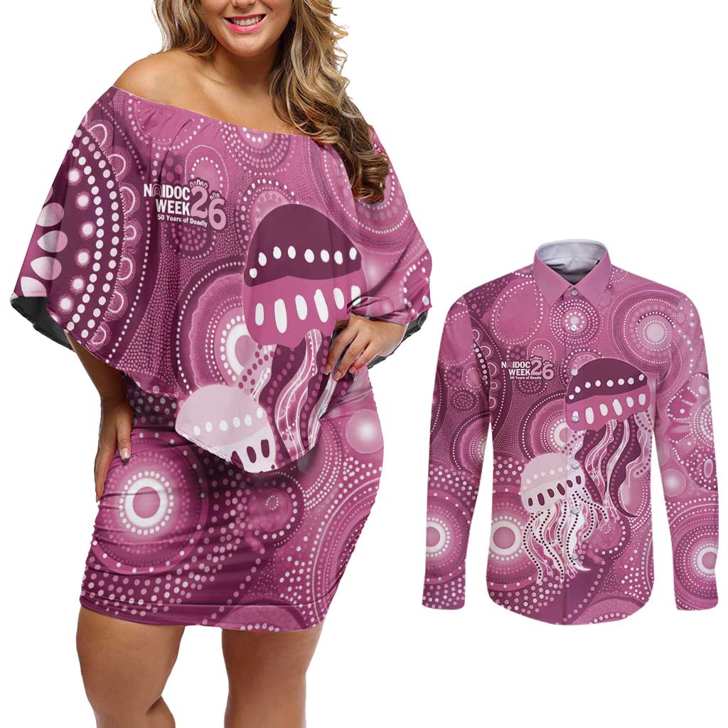 NAIDOC Deadly 50 Years Couples Matching Off Shoulder Short Dress and Long Sleeve Button Shirt Jellyfish Aboriginal Culture Inspired Pink