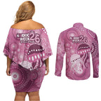 NAIDOC Deadly 50 Years Couples Matching Off Shoulder Short Dress and Long Sleeve Button Shirt Jellyfish Aboriginal Culture Inspired Pink