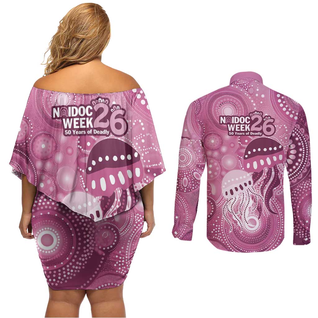 NAIDOC Deadly 50 Years Couples Matching Off Shoulder Short Dress and Long Sleeve Button Shirt Jellyfish Aboriginal Culture Inspired Pink