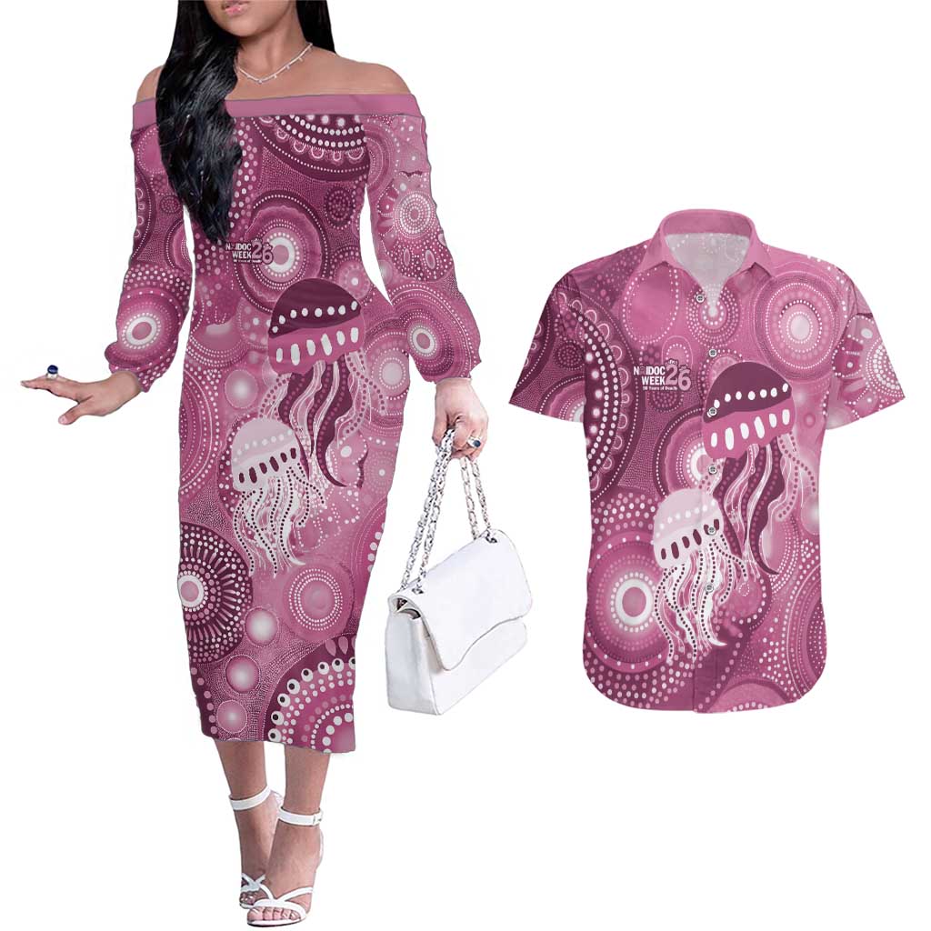 NAIDOC Deadly 50 Years Couples Matching Off The Shoulder Long Sleeve Dress and Hawaiian Shirt Jellyfish Aboriginal Culture Inspired Pink