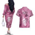 NAIDOC Deadly 50 Years Couples Matching Off The Shoulder Long Sleeve Dress and Hawaiian Shirt Jellyfish Aboriginal Culture Inspired Pink