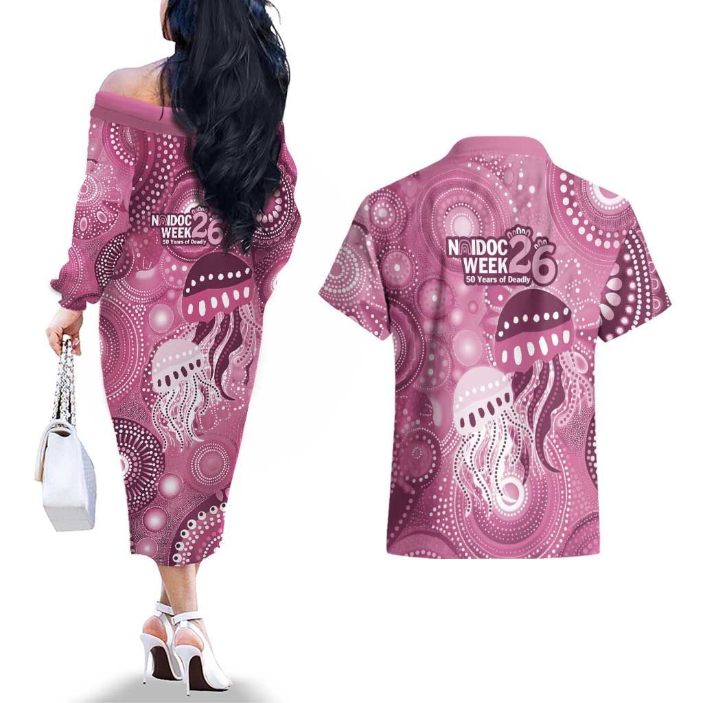 NAIDOC Deadly 50 Years Couples Matching Off The Shoulder Long Sleeve Dress and Hawaiian Shirt Jellyfish Aboriginal Culture Inspired Pink