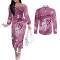NAIDOC Deadly 50 Years Couples Matching Off The Shoulder Long Sleeve Dress and Long Sleeve Button Shirt Jellyfish Aboriginal Culture Inspired Pink