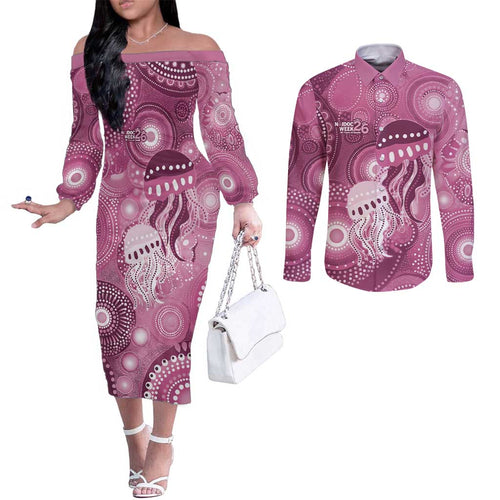 NAIDOC Deadly 50 Years Couples Matching Off The Shoulder Long Sleeve Dress and Long Sleeve Button Shirt Jellyfish Aboriginal Culture Inspired Pink