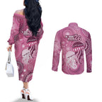 NAIDOC Deadly 50 Years Couples Matching Off The Shoulder Long Sleeve Dress and Long Sleeve Button Shirt Jellyfish Aboriginal Culture Inspired Pink