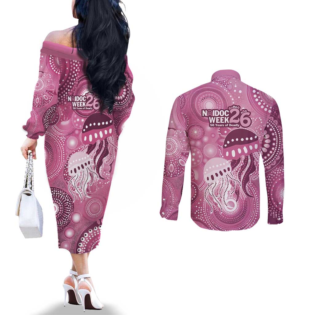 NAIDOC Deadly 50 Years Couples Matching Off The Shoulder Long Sleeve Dress and Long Sleeve Button Shirt Jellyfish Aboriginal Culture Inspired Pink