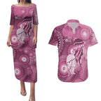 NAIDOC Deadly 50 Years Couples Matching Puletasi and Hawaiian Shirt Jellyfish Aboriginal Culture Inspired Pink