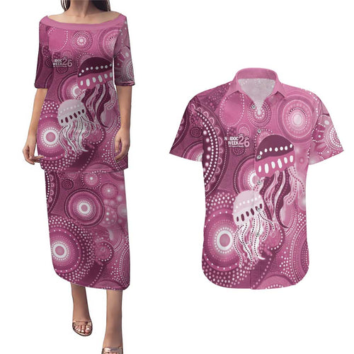 NAIDOC Deadly 50 Years Couples Matching Puletasi and Hawaiian Shirt Jellyfish Aboriginal Culture Inspired Pink