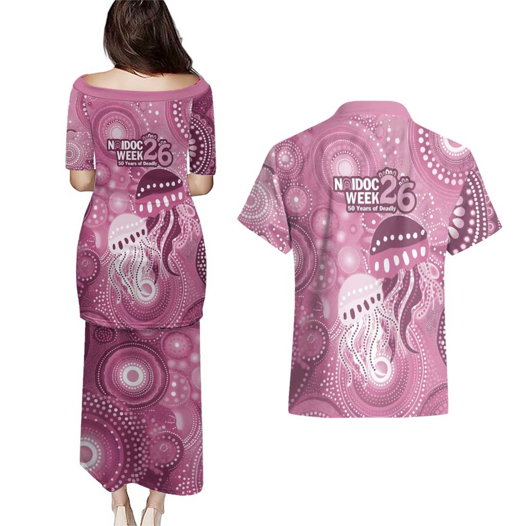 NAIDOC Deadly 50 Years Couples Matching Puletasi and Hawaiian Shirt Jellyfish Aboriginal Culture Inspired Pink