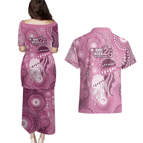 NAIDOC Deadly 50 Years Couples Matching Puletasi and Hawaiian Shirt Jellyfish Aboriginal Culture Inspired Pink