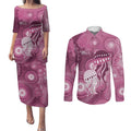 NAIDOC Deadly 50 Years Couples Matching Puletasi and Long Sleeve Button Shirt Jellyfish Aboriginal Culture Inspired Pink