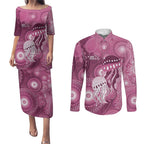 NAIDOC Deadly 50 Years Couples Matching Puletasi and Long Sleeve Button Shirt Jellyfish Aboriginal Culture Inspired Pink
