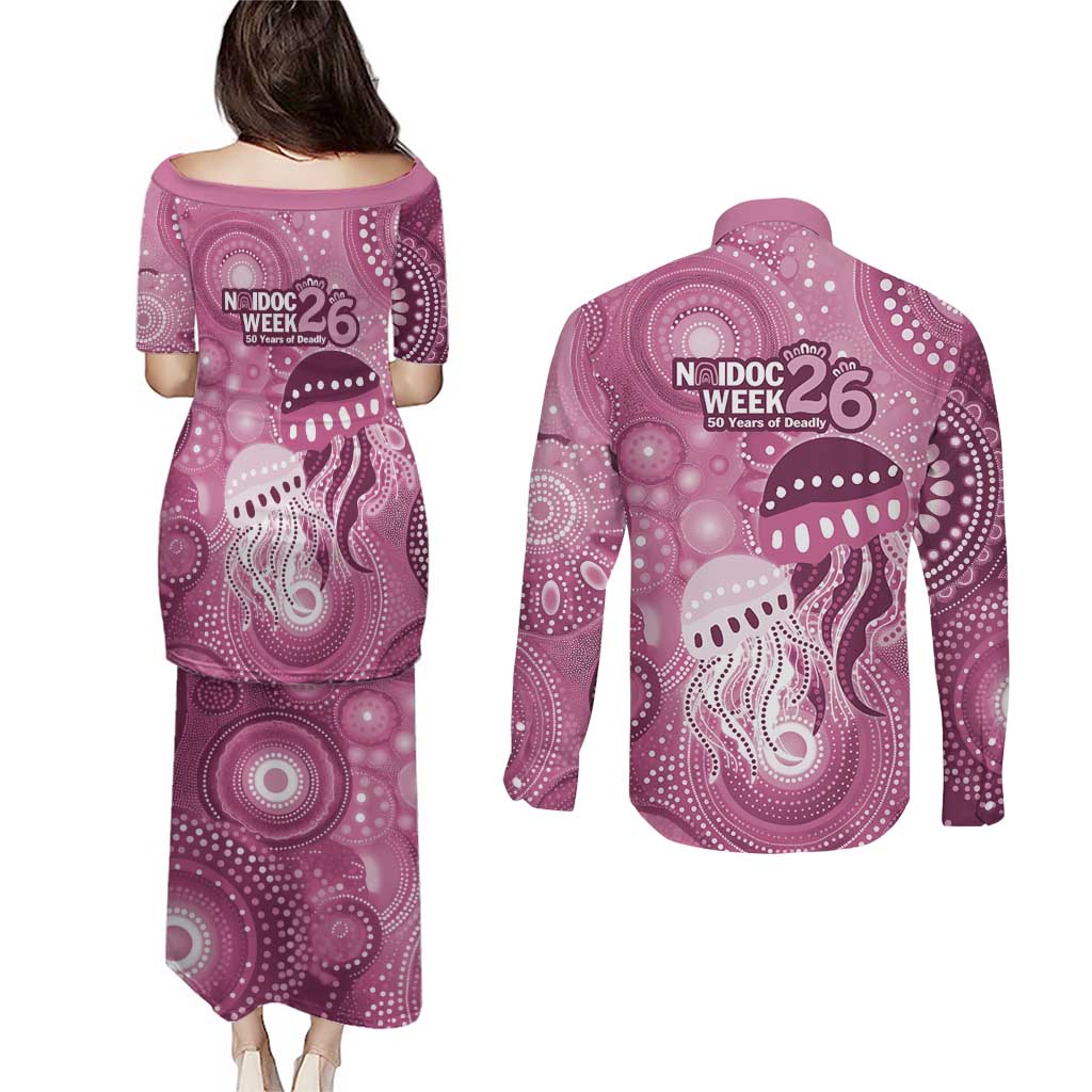 NAIDOC Deadly 50 Years Couples Matching Puletasi and Long Sleeve Button Shirt Jellyfish Aboriginal Culture Inspired Pink