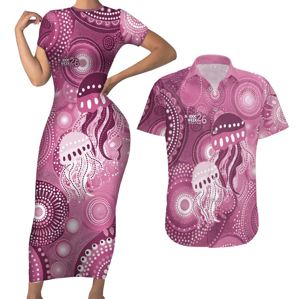 NAIDOC Deadly 50 Years Couples Matching Short Sleeve Bodycon Dress and Hawaiian Shirt Jellyfish Aboriginal Culture Inspired Pink