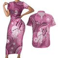 NAIDOC Deadly 50 Years Couples Matching Short Sleeve Bodycon Dress and Hawaiian Shirt Jellyfish Aboriginal Culture Inspired Pink